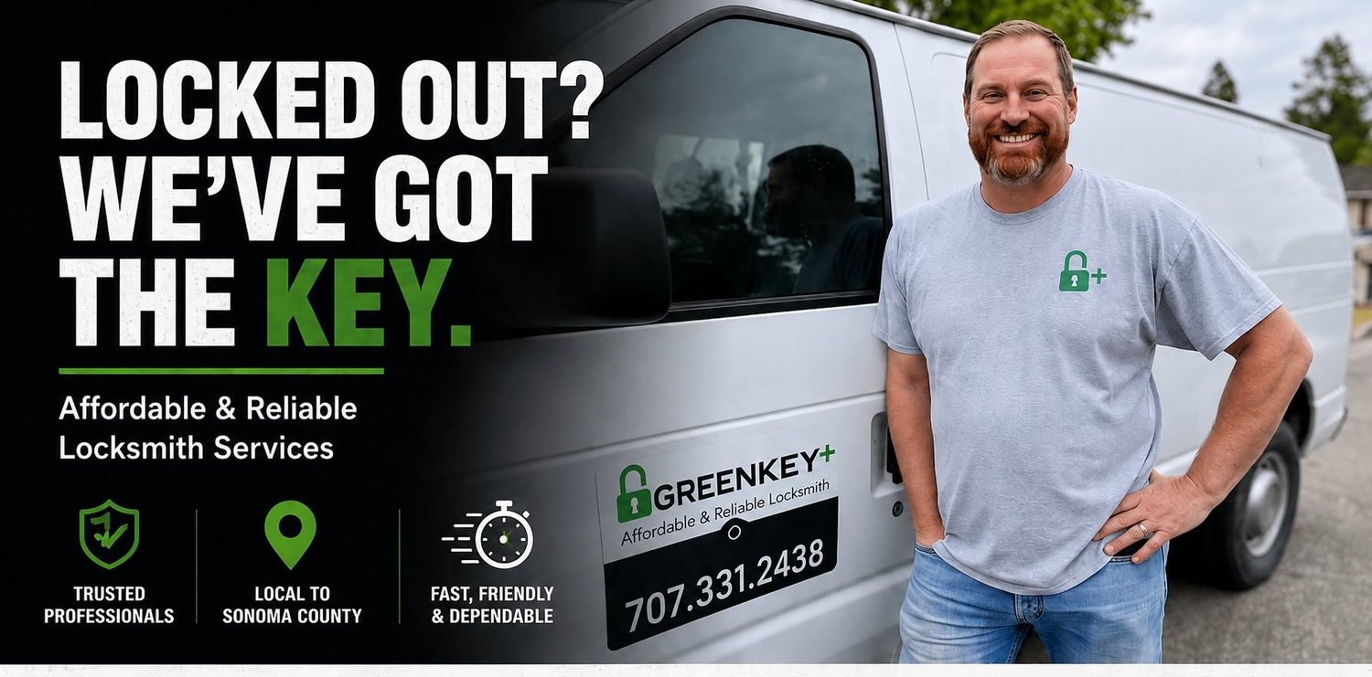 Locked out? We've got the key. Green Key Plus — affordable and reliable locksmith services. Trusted professionals, local to Sonoma County, fast friendly and dependable. Rated 4.9 on Google and 5.0 on Yelp. Call 707-331-2438.