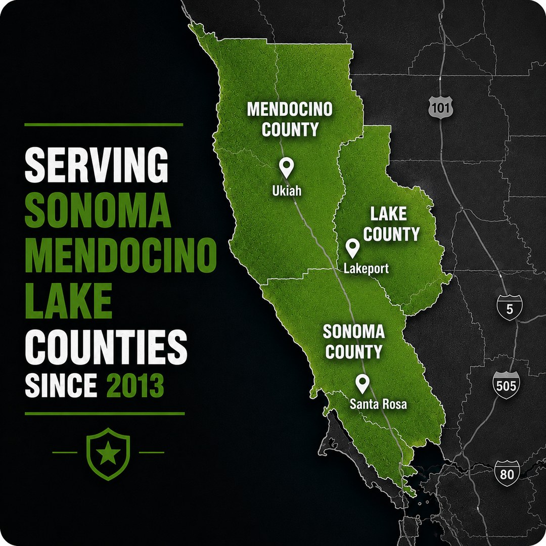 Map of Green Key Plus locksmith service area covering Sonoma County (Santa Rosa), Mendocino County (Ukiah), and Lake County (Lakeport), California